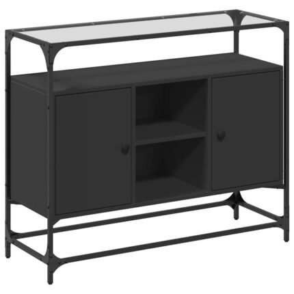 Buffet bahut commode armoire meuble de rangement organisateur cuisine salle de séjour salon avec dessus en verre 98 x 35 x 81 cm bois d'ingénierie noir 02_0029767