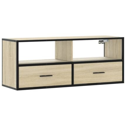 Meuble TV multimédia étagère télévision buffet téléviseur salle à manger salon chambre chêne sonoma 100 x 31 x 39,5cm bois d'ingénierie et métal brun 02_0027413