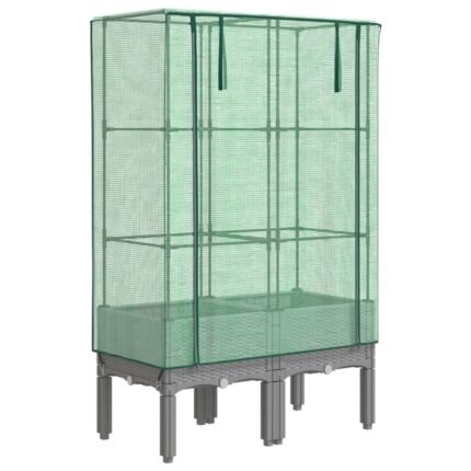 Jardinière bac lit surélevé plantes fleurs terrasse jardin surélevée avec housse aspect rotin 80 x 40 x 140 cm gris clair 02_0038796