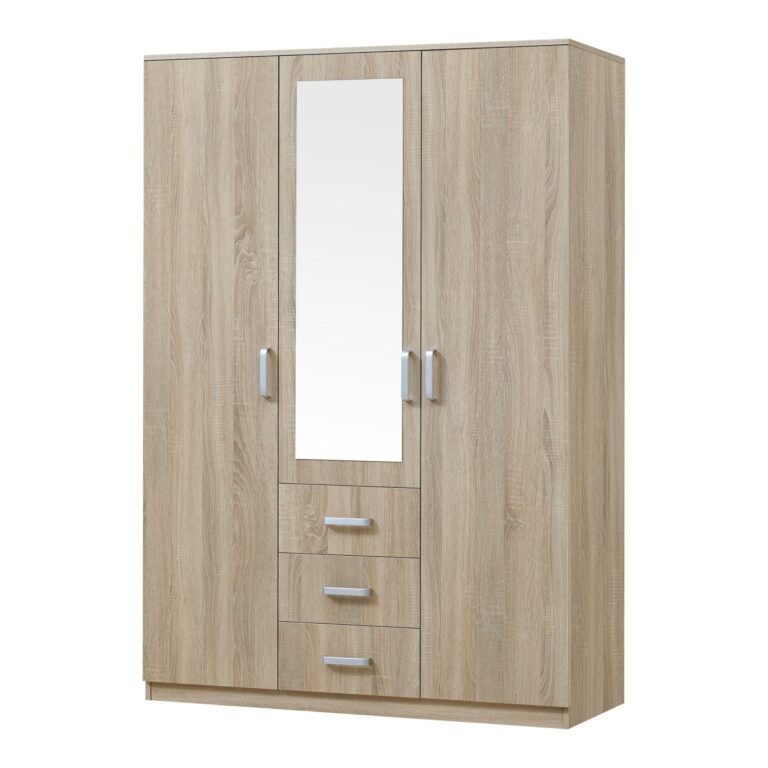 Armoire de chambre garde-robe moderne meuble de rangement intemporel 5 étagères 3 tiroirs + miroir MDF 176 x 120 x 52 cm effet chêne sonoma 03_0006369