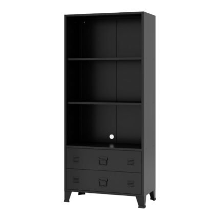 Bibliothèque design pour salon étagère style original haute avec 2 tiroirs acier 180 x 80 x 40 cm noir 03_0006483