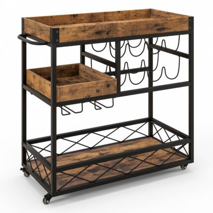 Desserte de cuisine industriel 80x40x83 cm chariot de service à roulettes avec plateau supérieur amovible et casier à vin 20_0005442