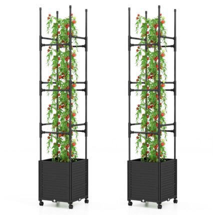 Jardinière surélevée à roulettes avec treillis obélisque lit de jardin à arrosage automatique avec 3 hauteurs 42 x 42 x 219 cm noir 20_0008645