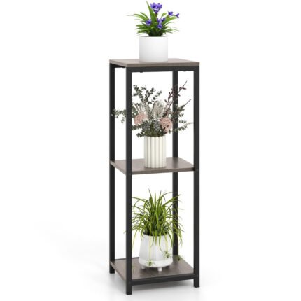 Supports de plantes métallique à 3 niveaux porte-plantes d'angle avec dispositifs anti-basculement organisateur de pots de fleurs carré gris 20_0009309
