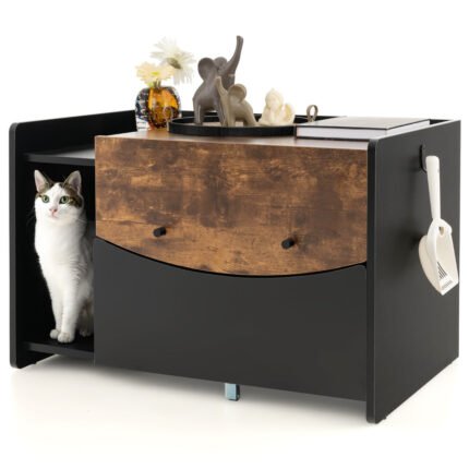 Meuble pour bac à litière pour chat avec tiroir coulissant à roulettes porte rabattable armoire latérale table de nuit toilettes cachées noir 20_0008876