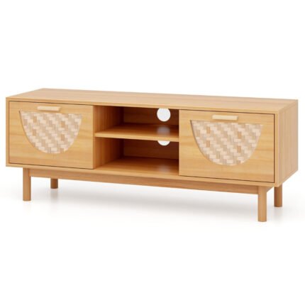 Meuble tv jusqu'à 55" table console multimédia moderne etagères ouvertes tiroirs tissés en bambou centre de divertissement blanc et naturel 20_0008886