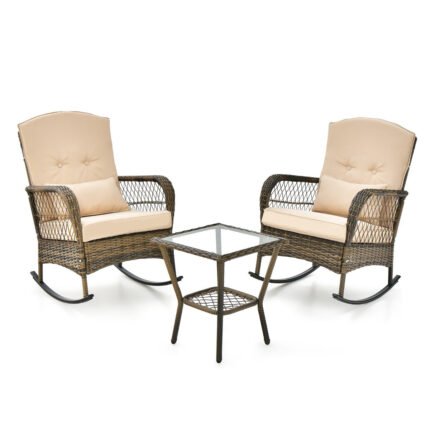 2 chaises à bascule en rotin pe et  table d'appoint en verre trempé coussins inclus ensemble table et chaises de jardin 20_0005275